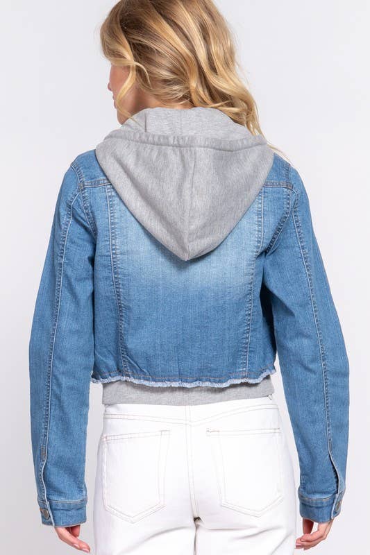 Long Sleeve Contrast Terry Hoodie Denim Jacket