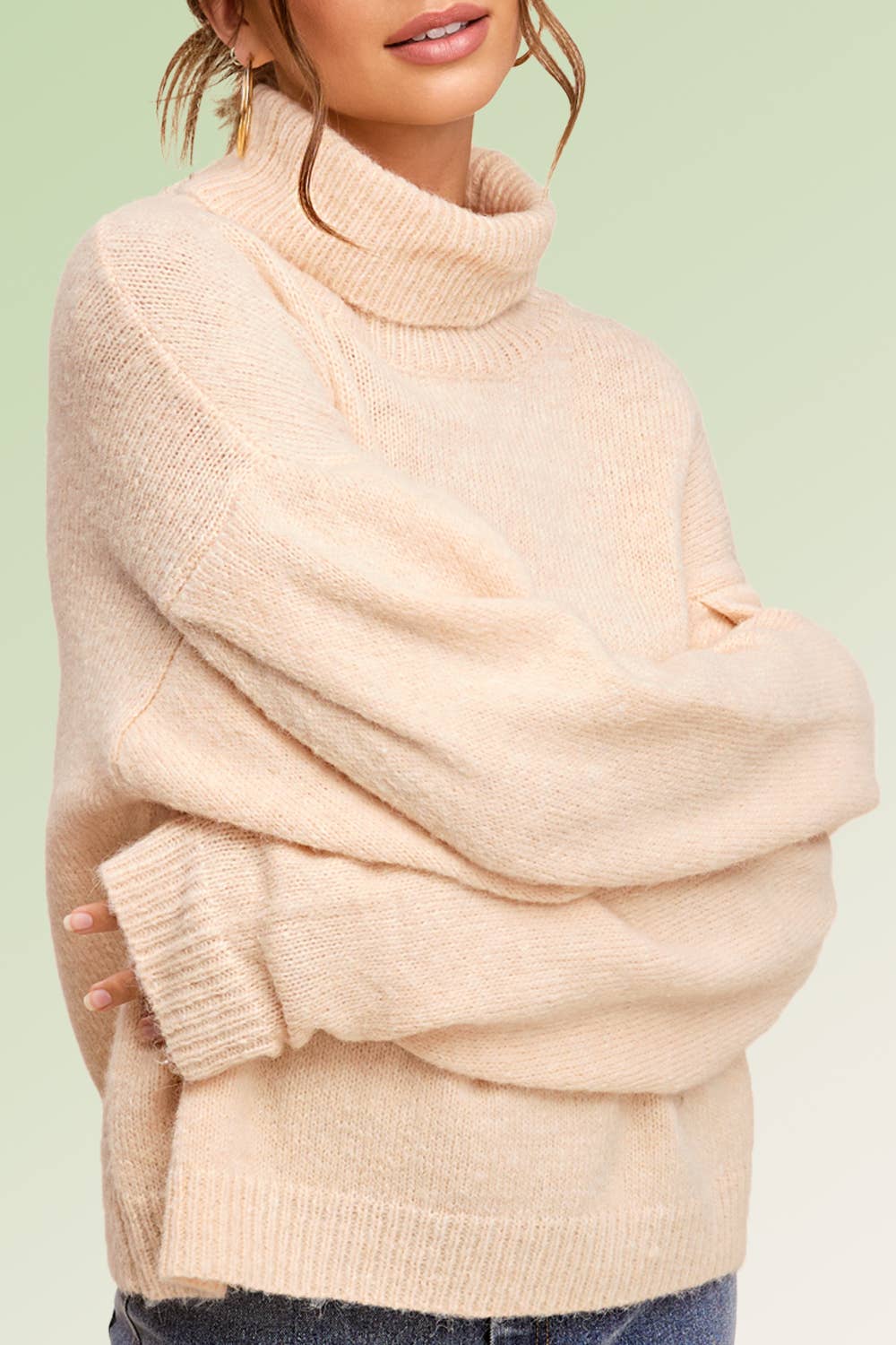 Loose Fit Turtleneck Pin-tuck Long Sleeve Sweater