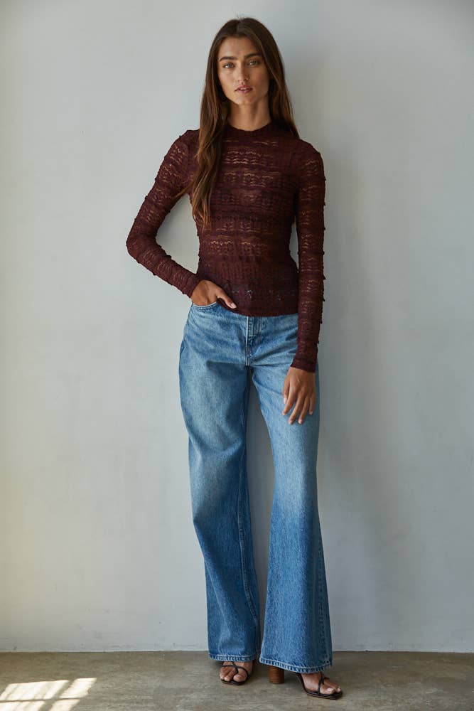 Woven Dark Burgundy Lace Mock Top