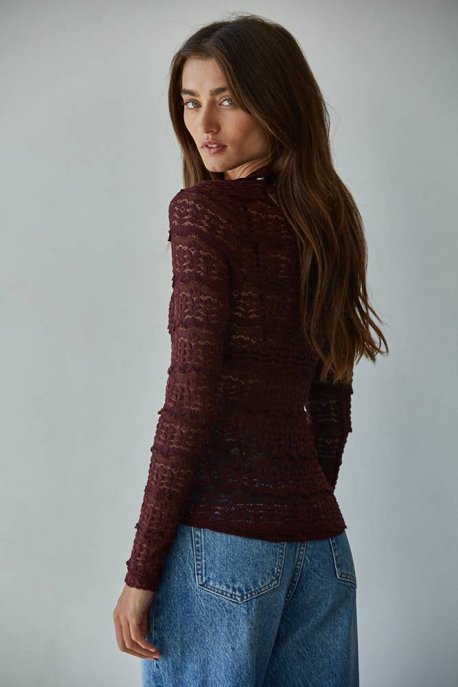 Woven Dark Burgundy Lace Mock Top