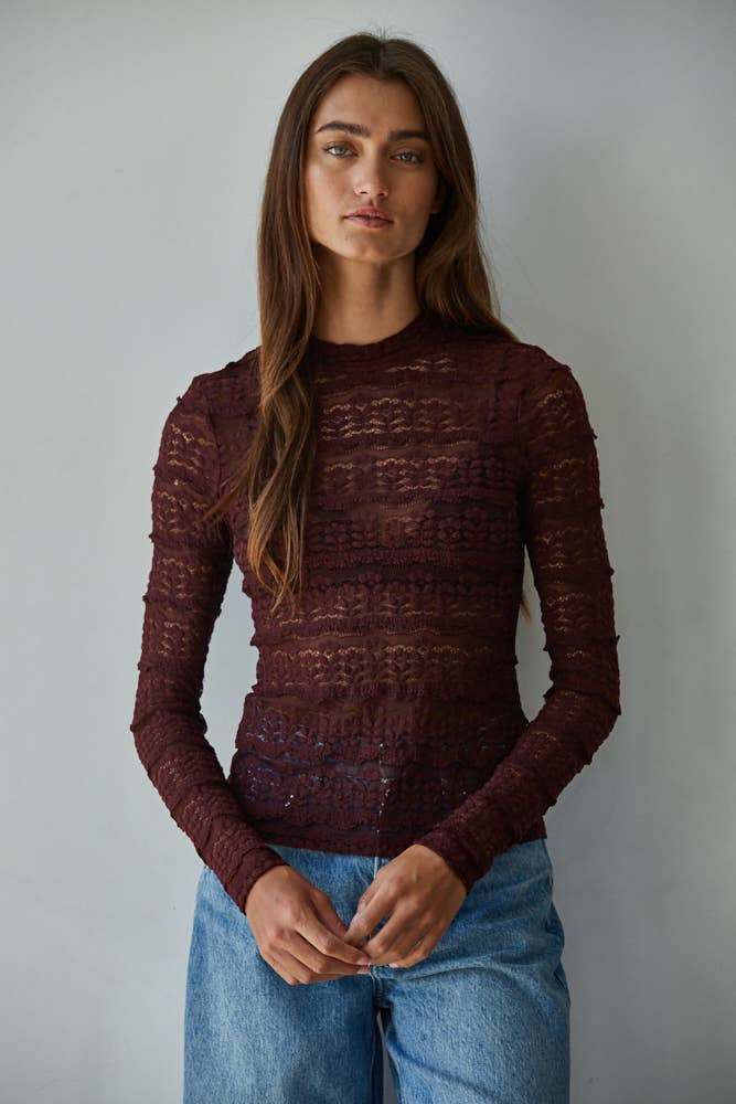 Woven Dark Burgundy Lace Mock Top