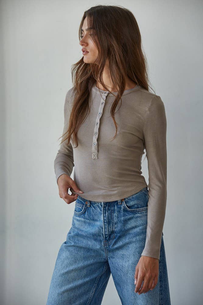 Knit Ribbed Crew Neck Long Sleeve Half Button Up Top