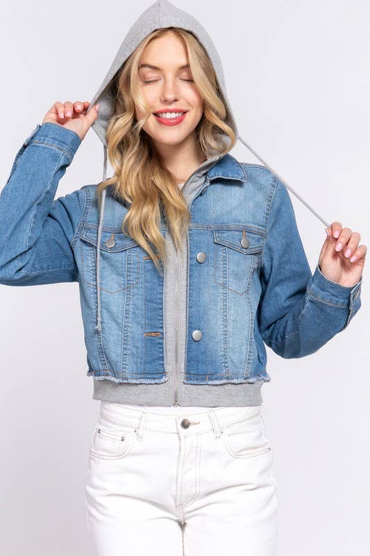 Long Sleeve Contrast Terry Hoodie Denim Jacket