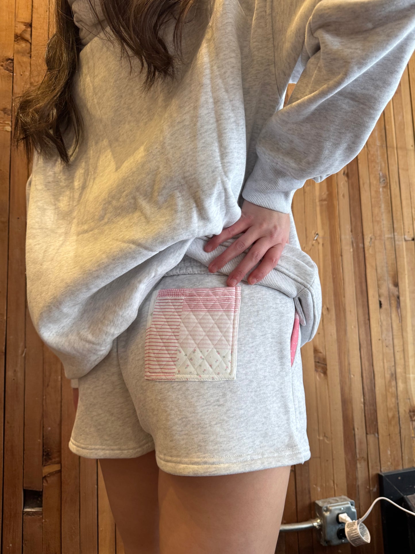 SUNKISSED COCONUT pearl grey patchwork shorts