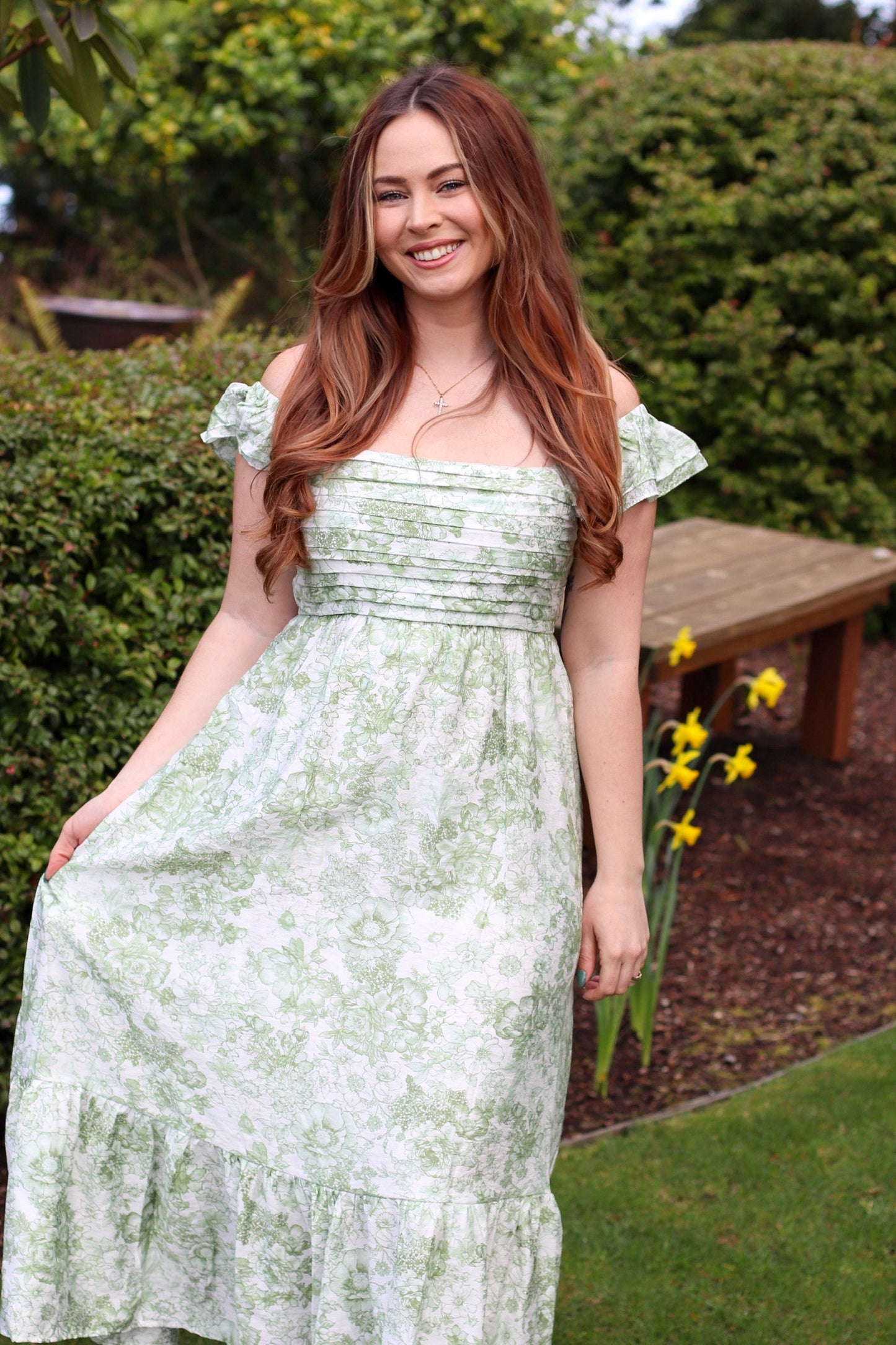 Floral ruffle strap detail pleated midi dress