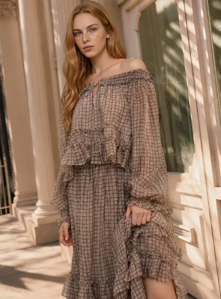 Plaid Smocked Neckline Front Tie Puff Sleeve Top