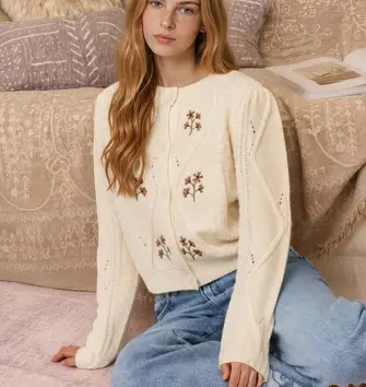 Floral Embroidered Cable Knit Button Down cardigan