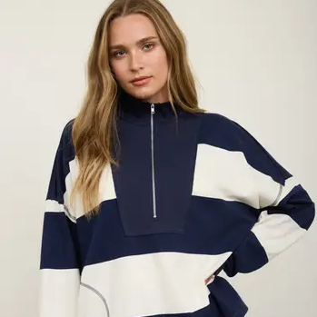 wide stripe half zip long sleeve knit top