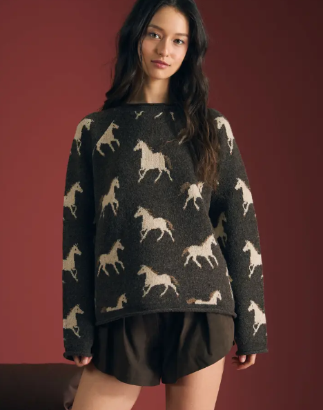 Horse Jacquard Raw Trim Long Sleeve Knit Sweater