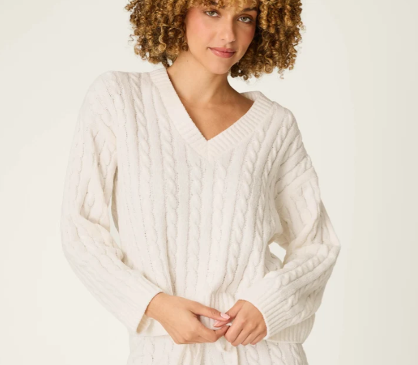 PJ Salvage Cozy Chenille Cable Knit Ivory V-Neck Sweater