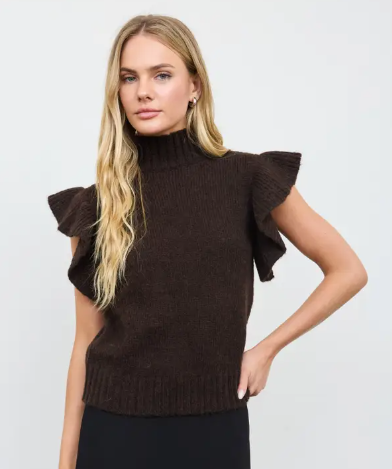 Ruffle Sleeve Mock Neck Ribbed Sweater