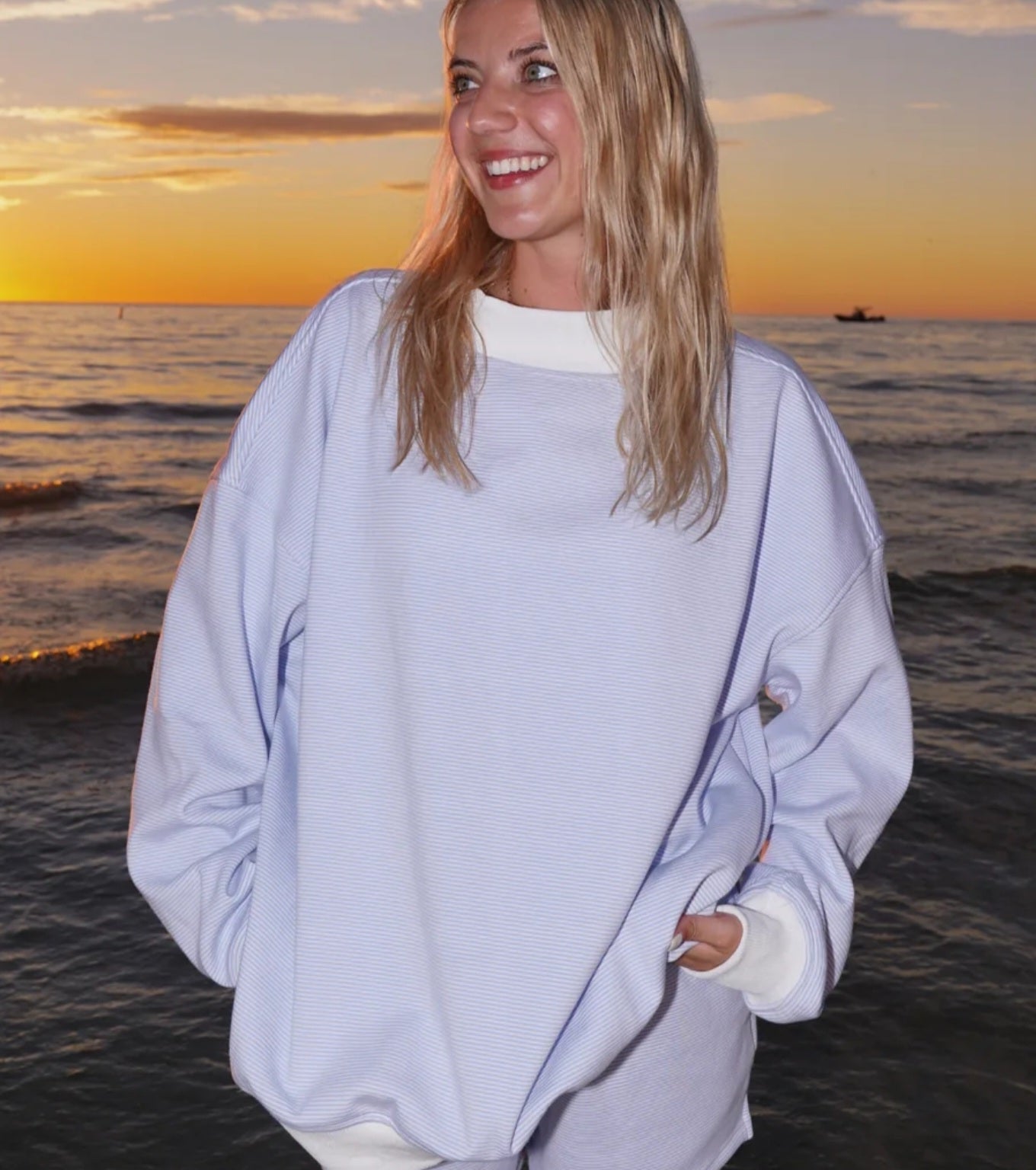 TRADESHOW Blue and White Mini Striped Mock Neck Sweatshirt