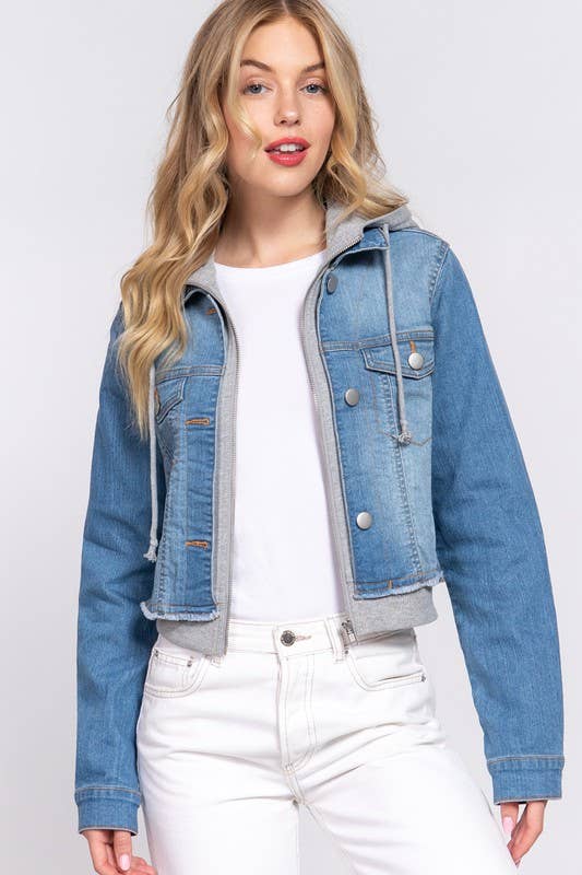 Long Sleeve Contrast Terry Hoodie Denim Jacket
