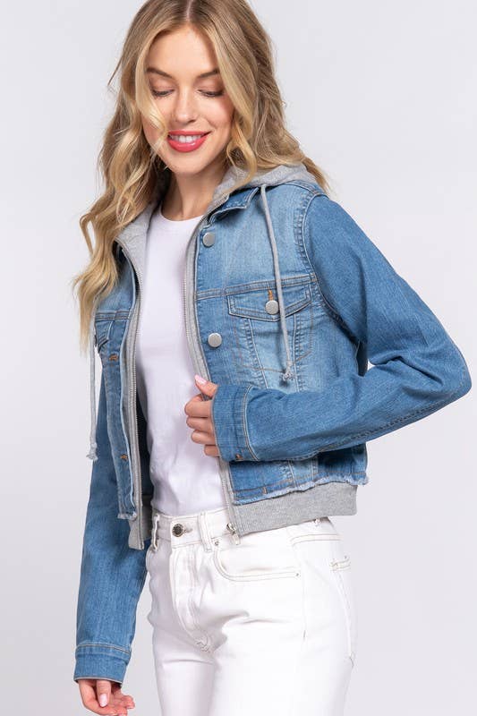 Long Sleeve Contrast Terry Hoodie Denim Jacket