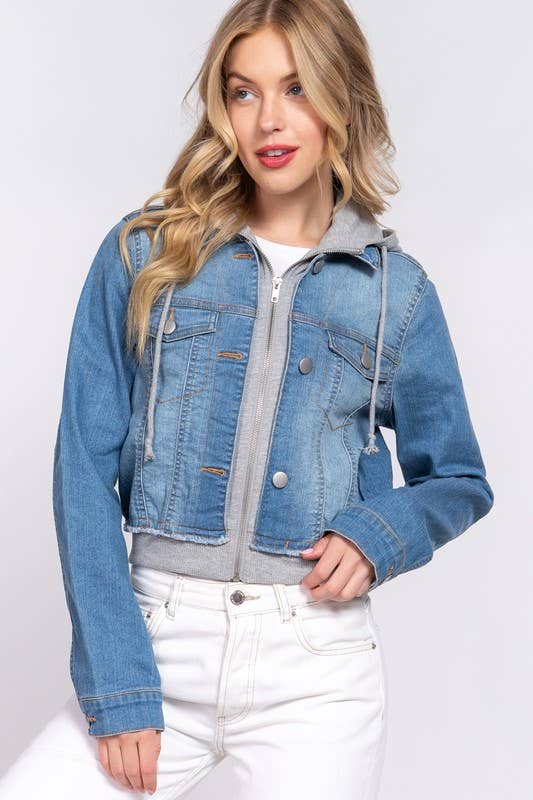 Long Sleeve Contrast Terry Hoodie Denim Jacket