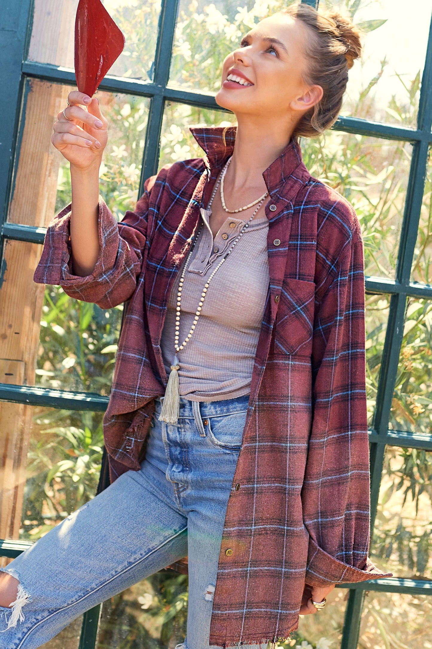 Loose Fit Button Down Two-Tone Washed Plaid Shirts