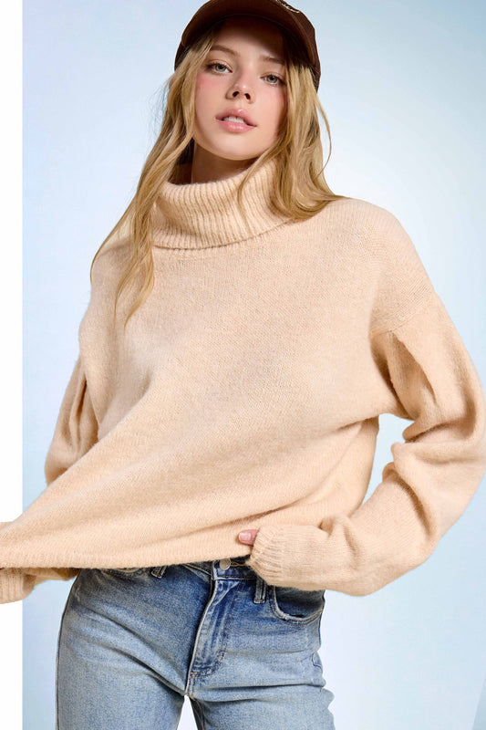 Loose Fit Turtleneck Pin-tuck Long Sleeve Sweater