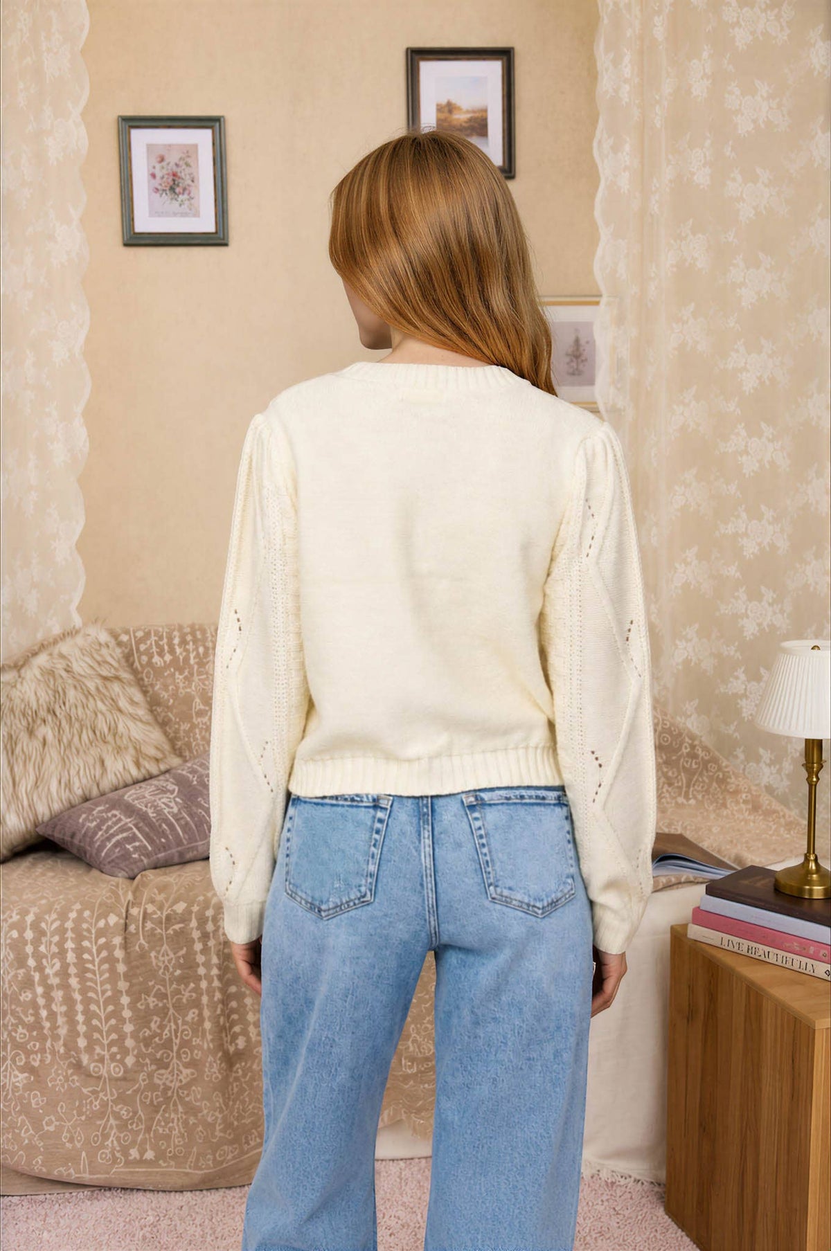 FLORAL EMBROIDERED CABLE KNIT BUTTON DOWN CARDIGAN