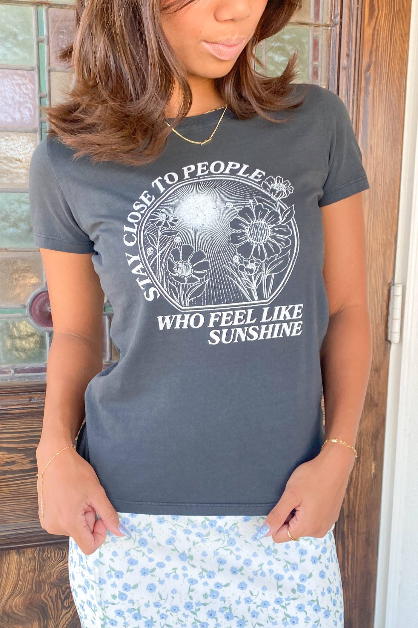 Stay Close Long Line Graphic Baby Tee