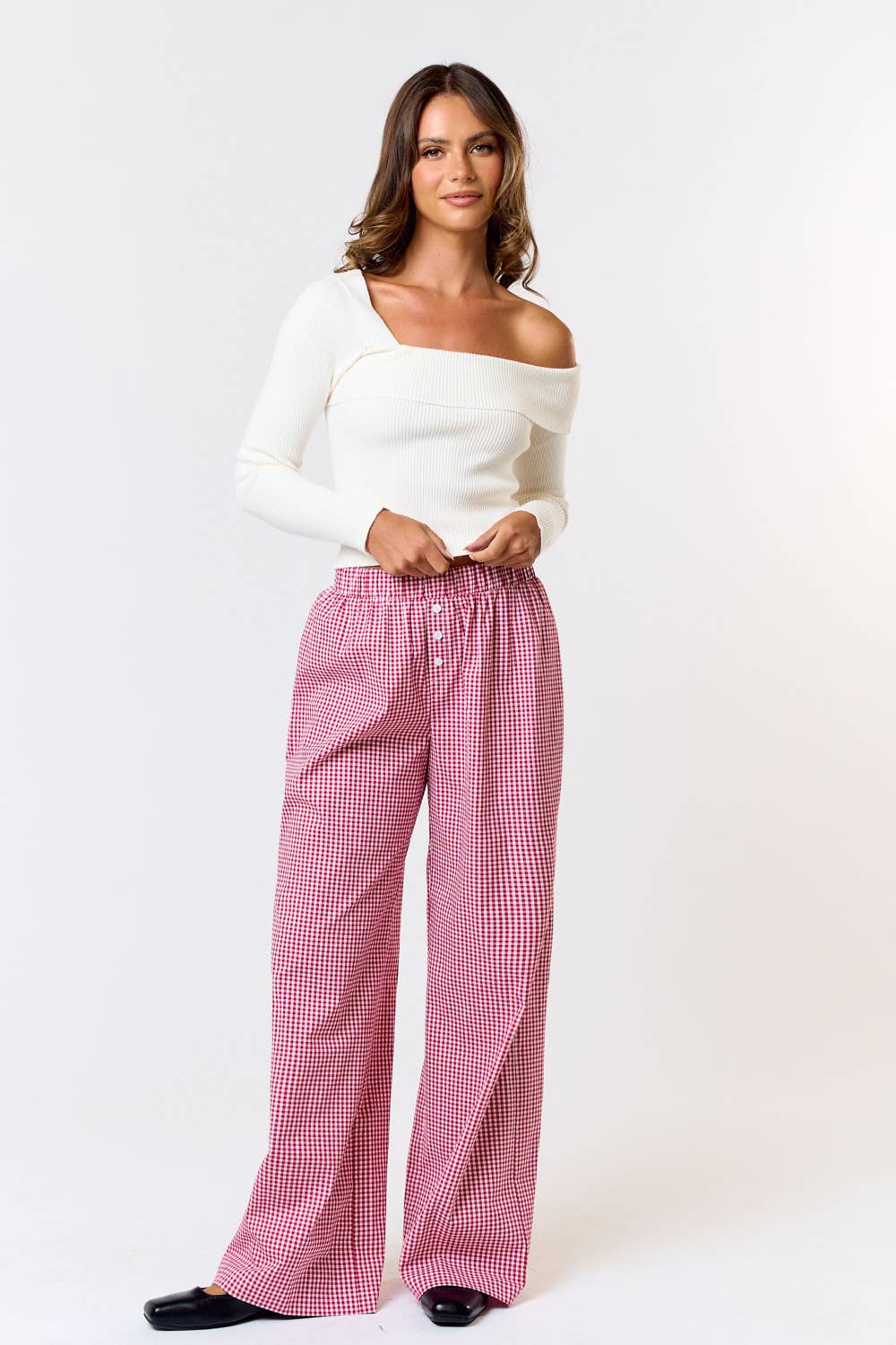 GINGHAM PLAID WIDE LEG LOUNGE PANT