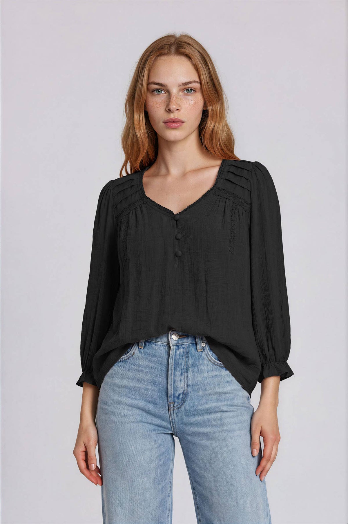CROCHET TRIM V-NECK 3/4 SLEEVE HENLEY TOP