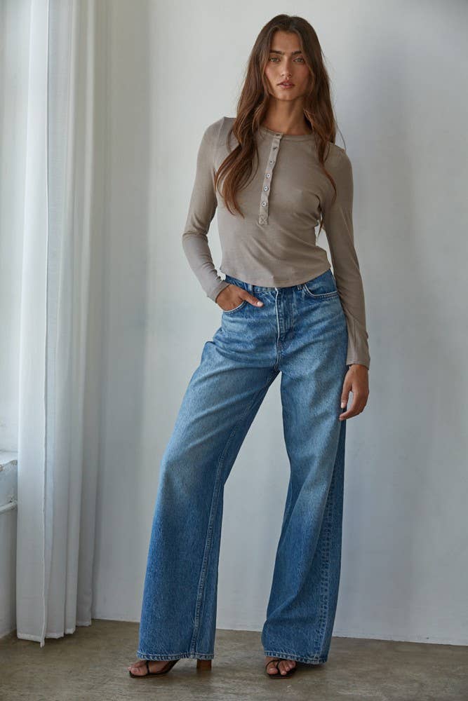 Knit Ribbed Crew Neck Long Sleeve Half Button Up Top