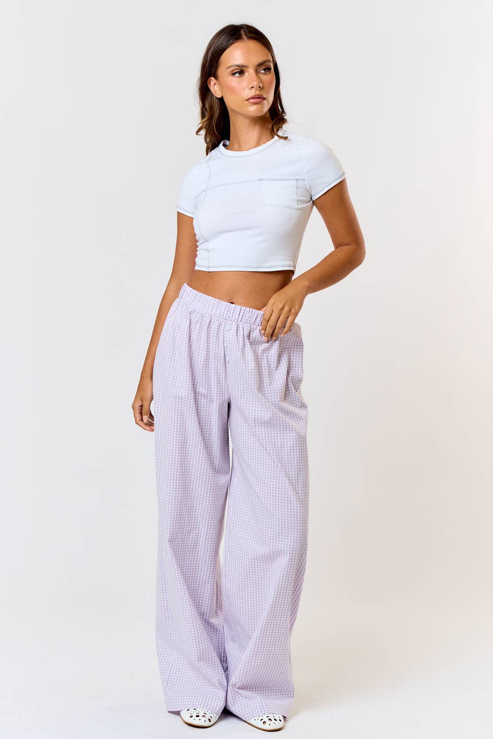 GINGHAM PLAID WIDE LEG LOUNGE PANT