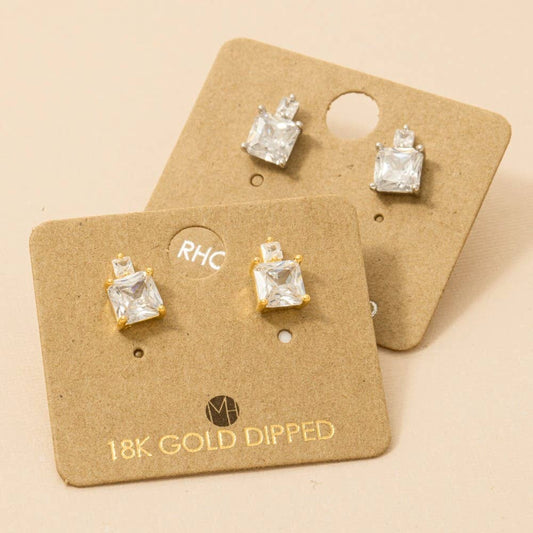 Gold Dipped Square Rhinestones Stud Earrings