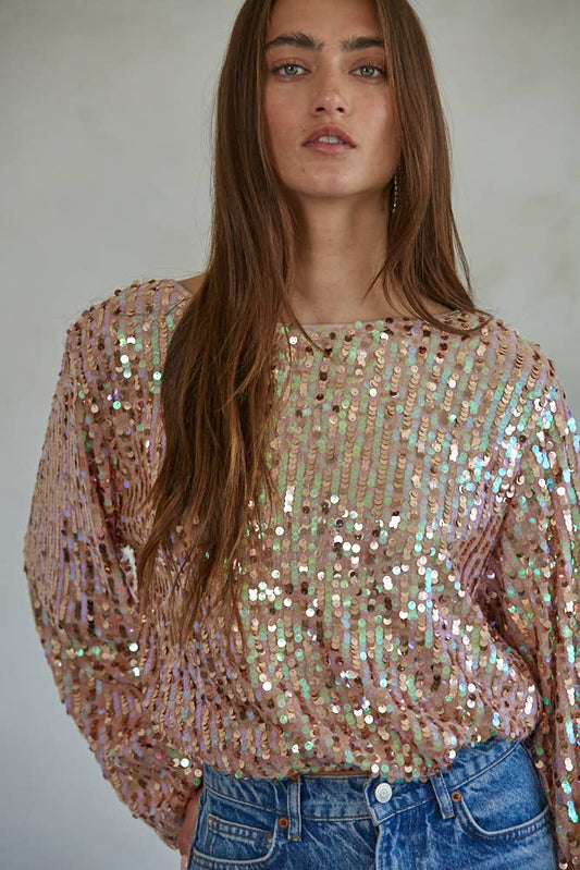 Woven Polyester Spandex Sequin Long Sleeve Top