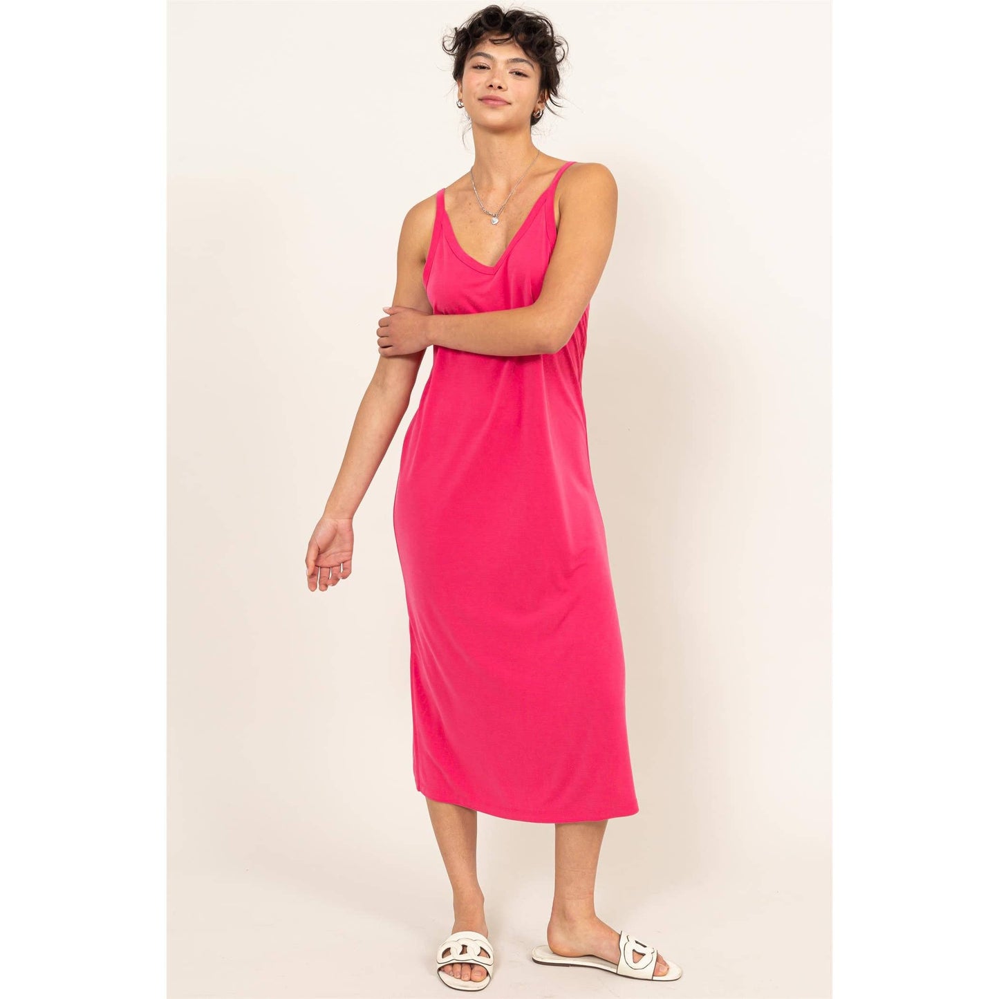 Pink Soft V-Neck Midi Dress