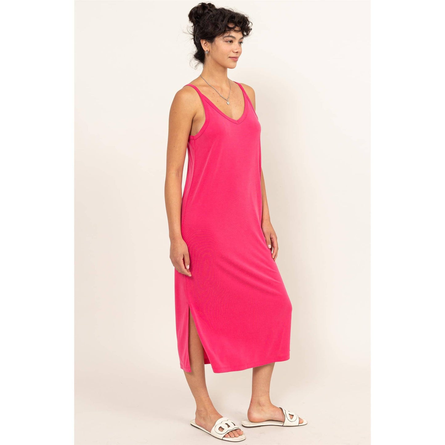 Pink Soft V-Neck Midi Dress