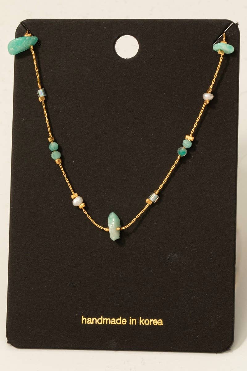 Pearl And Chip Stone Station Beads Chain Necklace
