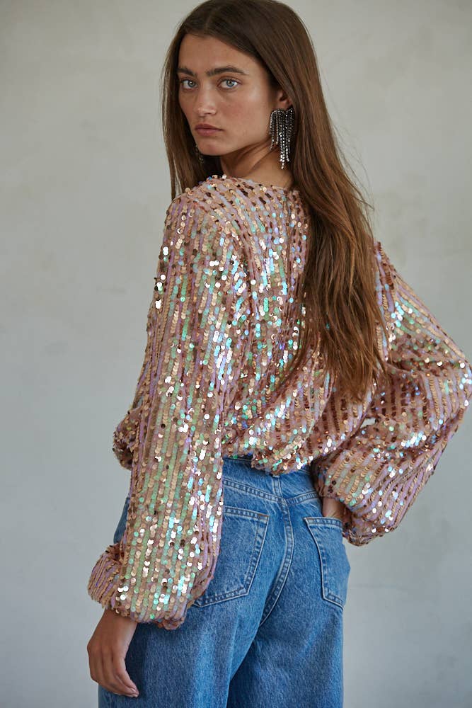Woven Polyester Spandex Sequin Long Sleeve Top