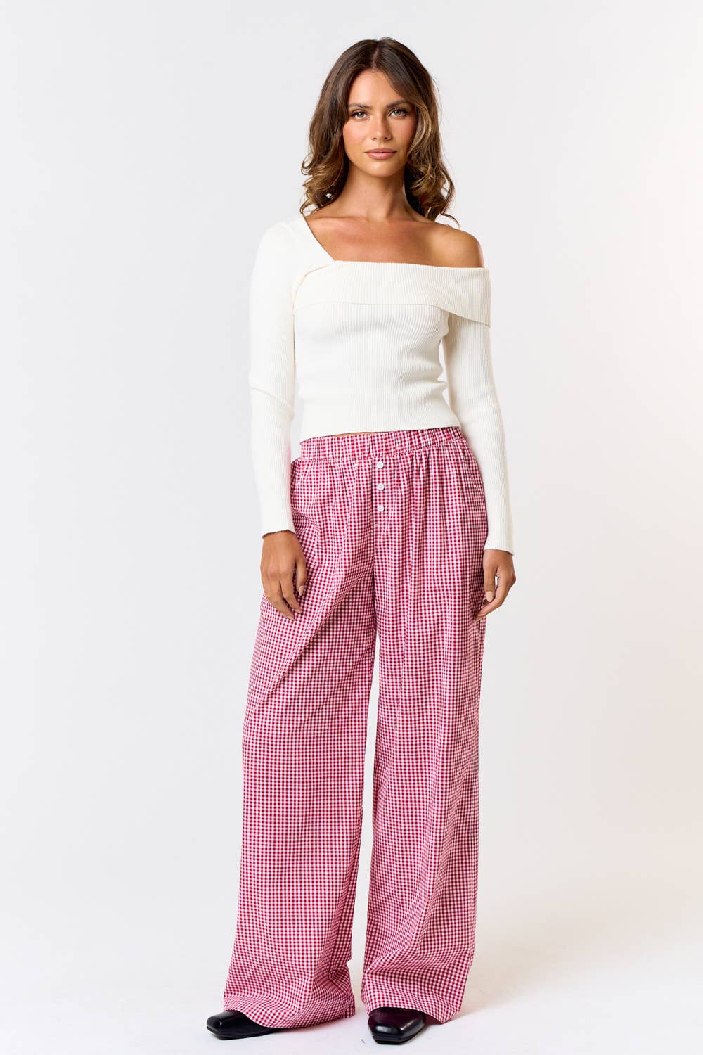 GINGHAM PLAID WIDE LEG LOUNGE PANT