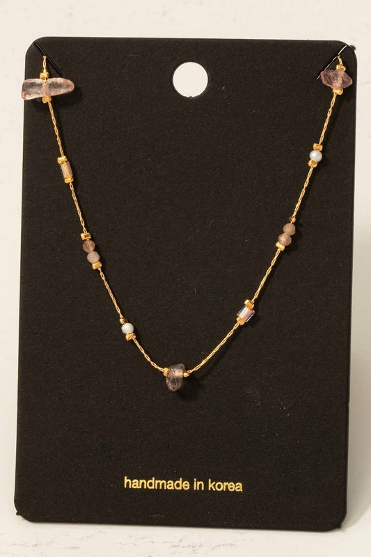 Pearl And Chip Stone Station Beads Chain Necklace
