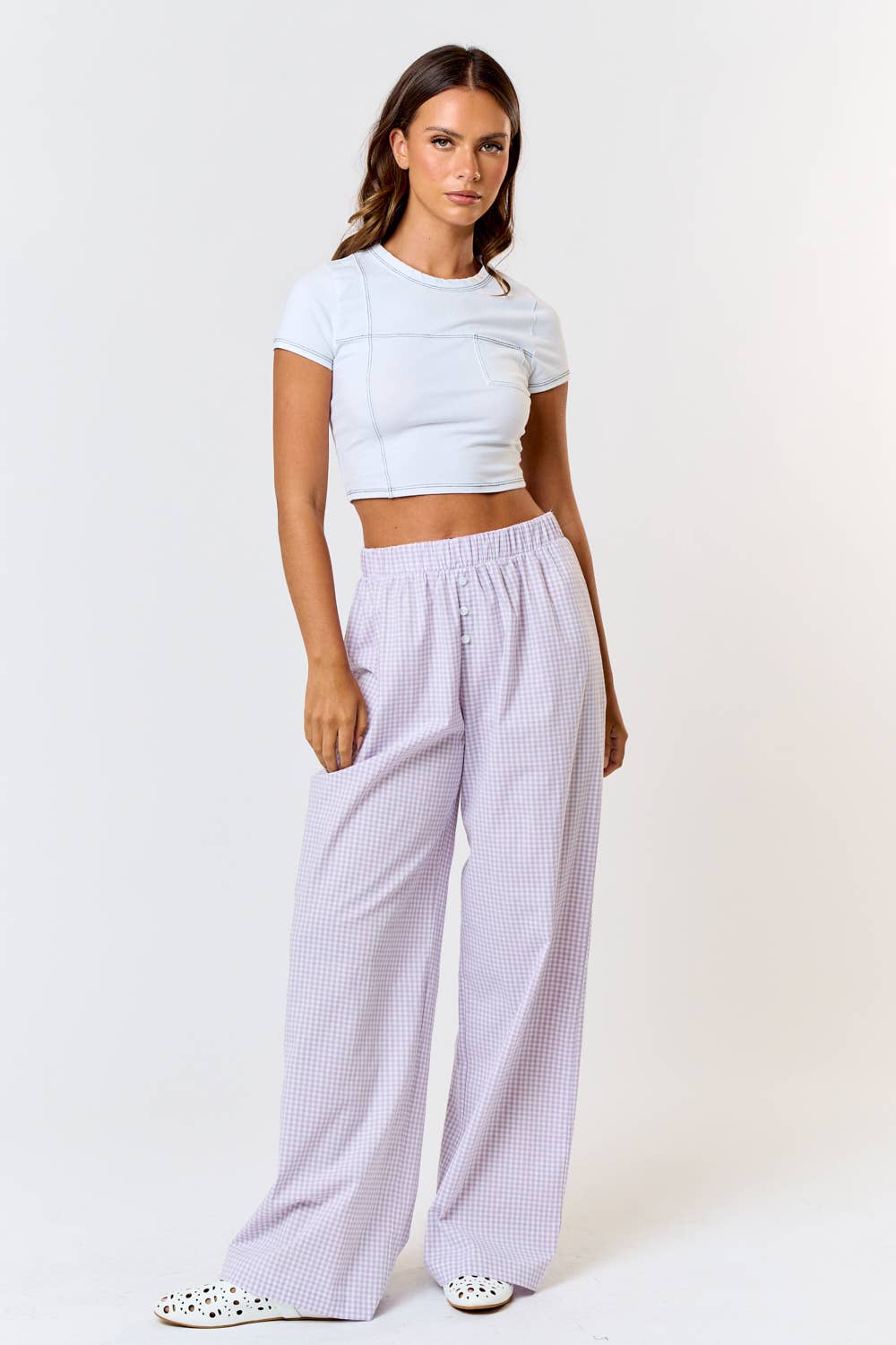 GINGHAM PLAID WIDE LEG LOUNGE PANT