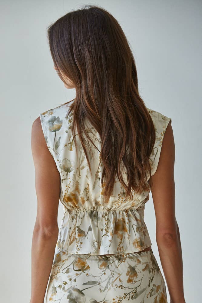 Woven Polyester Floral Print Sleeveless Top