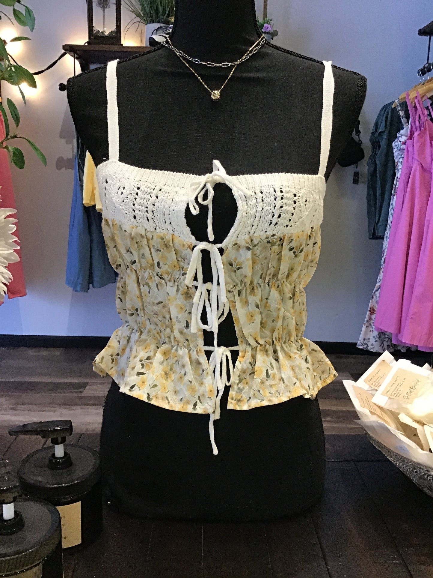 By Together yellow floral crochet tank