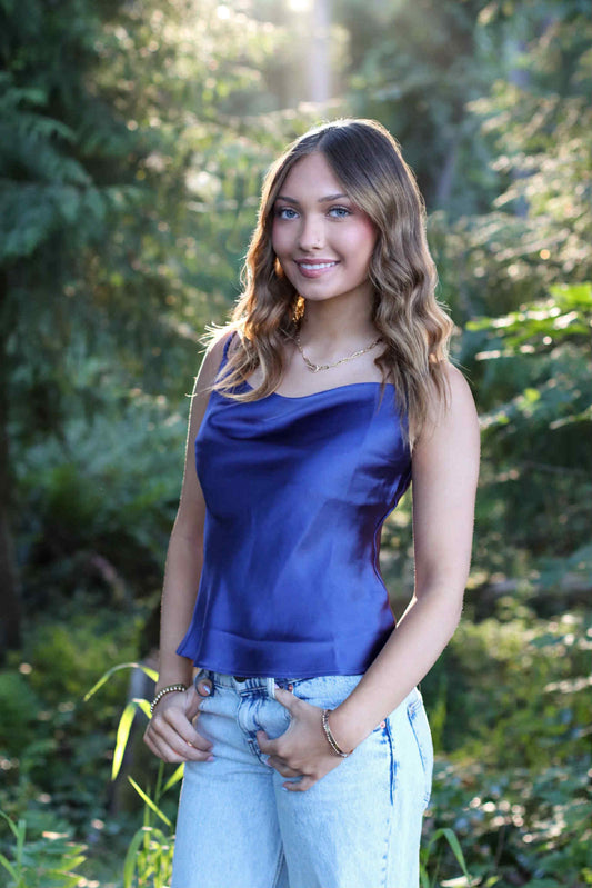 Dusty Indigo Satin Cami Cowl Neck Top