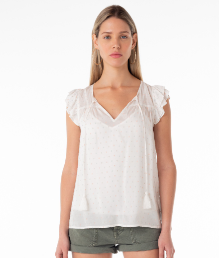 Double Flutter Sleeve Tassel Tie Front Blouse
