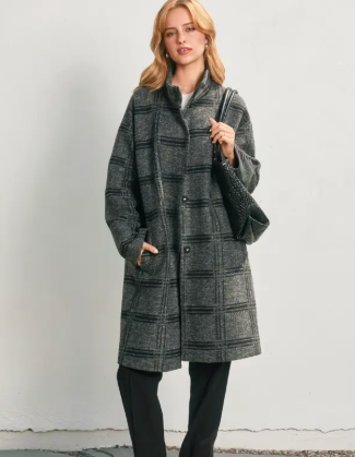 Checkered Stand Collar Wool Coat