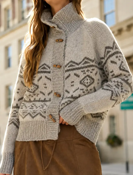 Mock Neck Toggle Button Fair Isle Knit Cardigan