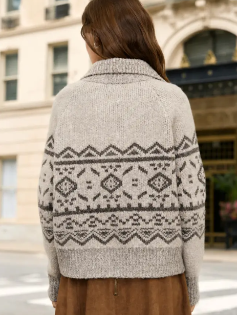Mock Neck Toggle Button Fair Isle Knit Cardigan
