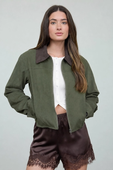 Contrast Corduroy Collar Zip-Up Jacket