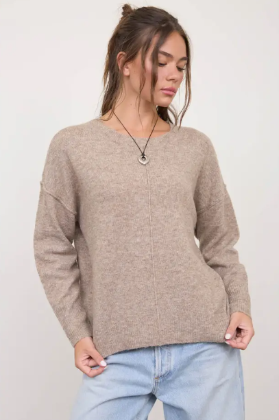 Solid Crewneck Front Seam Knit Sweater