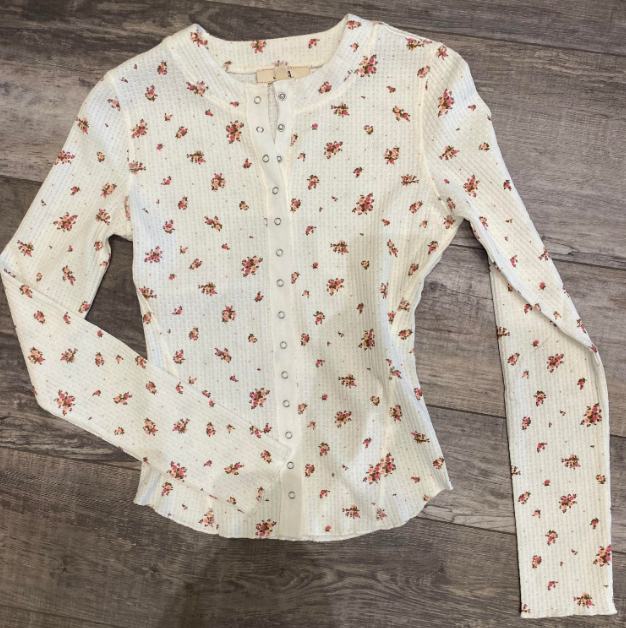 floral snap front long sleeve waffle knit top