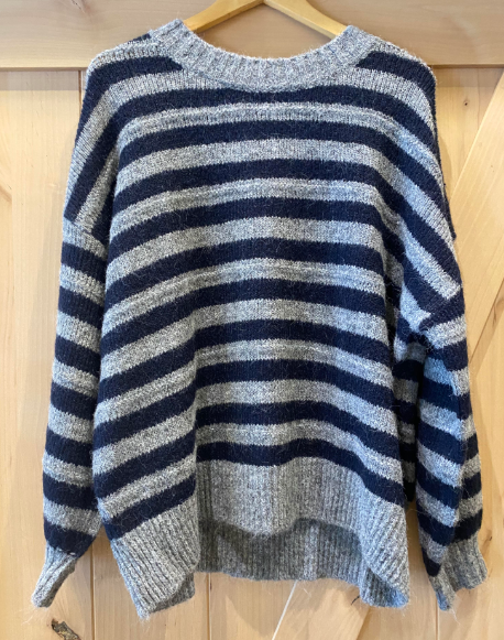 Heathered stripe fuzzy knit crew neck sweater