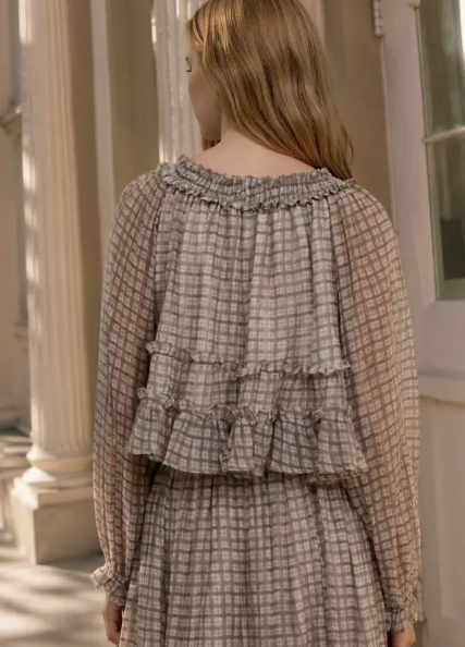 Plaid Smocked Neckline Front Tie Puff Sleeve Top