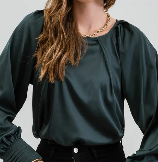 Satin long buttoned bishop sleeve blouse