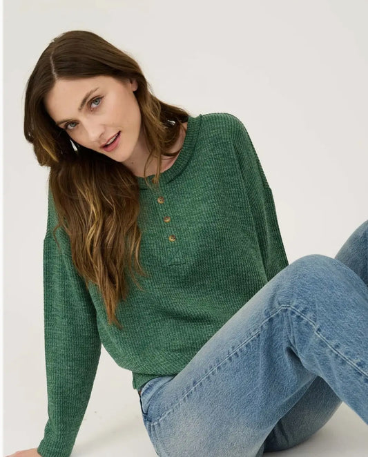 Waffle knit Henley long sleeve top